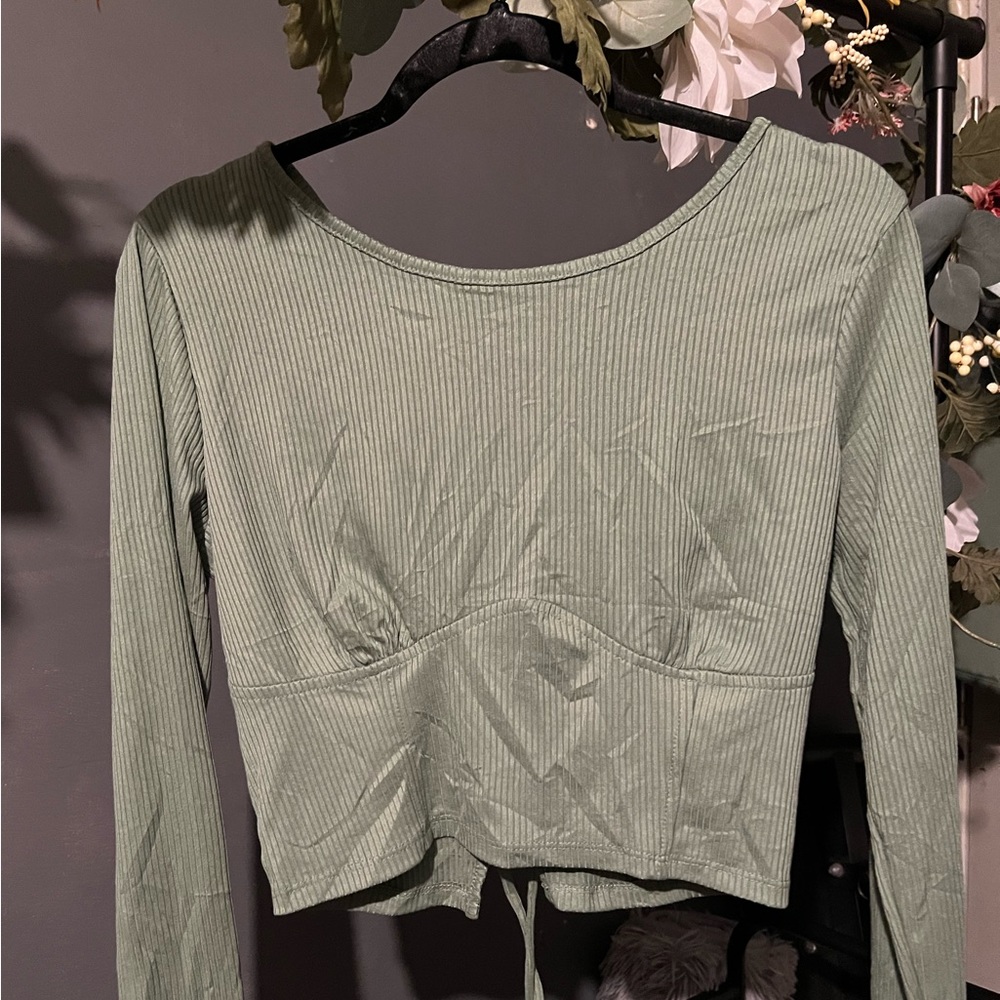 Sage green cropped long sleeve top with corset back